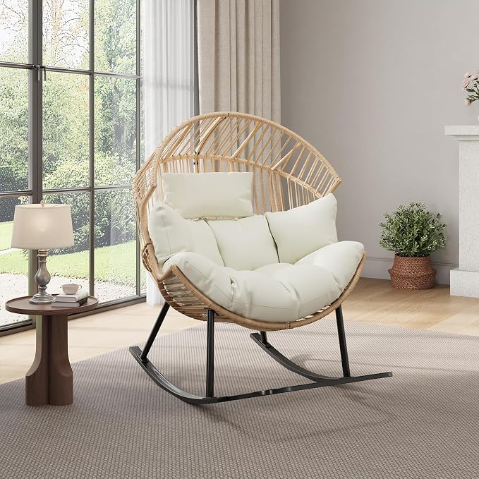 Garvee Wicker Rocking Egg Chair with Extra-Soft Pillow and Thick Cushion | Oversized Ergonomic Rattan Lounge Rocker for Outdoor & Indoor, Living Room, Backyard & Garden – Cream Cushion, Wicker Frame