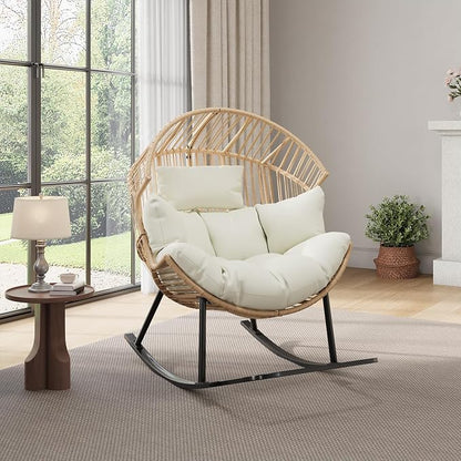Garvee Wicker Rocking Egg Chair with Extra-Soft Pillow and Thick Cushion | Oversized Ergonomic Rattan Lounge Rocker for Outdoor & Indoor, Living Room, Backyard & Garden – Cream Cushion, Wicker Frame