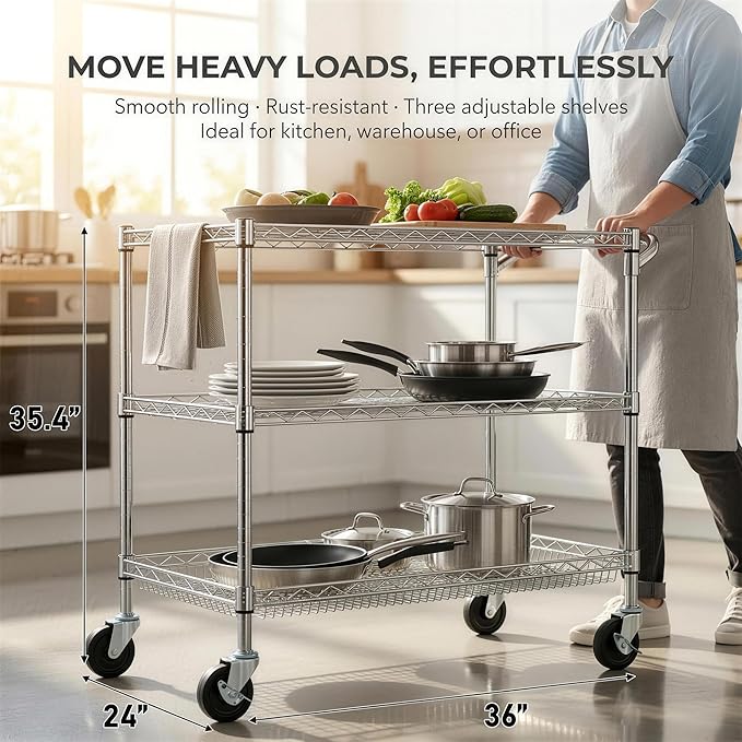 Finnhomy 3 Tier Heavy Duty Commercial Grade Utility Cart, Wire Rolling Cart with Handle Bar, Steel Service Cart with Wheels, Kitchen Carts on Wheels, Metal Cart Shelf Size 24" D x 36" W, NSF, Chrome