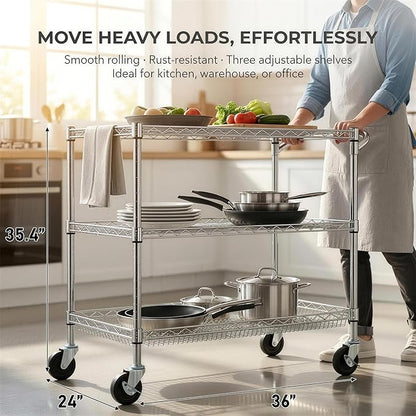 Finnhomy 3 Tier Heavy Duty Commercial Grade Utility Cart, Wire Rolling Cart with Handle Bar, Steel Service Cart with Wheels, Kitchen Carts on Wheels, Metal Cart Shelf Size 24" D x 36" W, NSF, Chrome