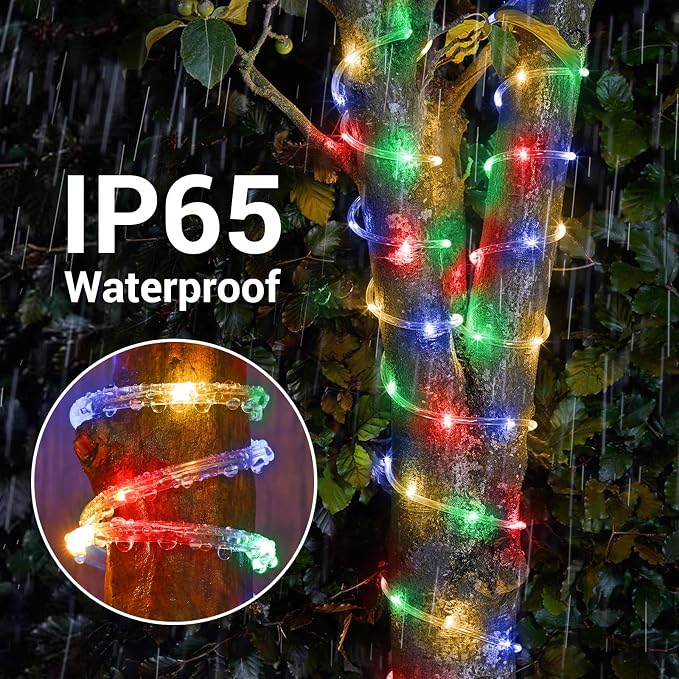 Jnaurb Solar Rope Lights, 66ft 200LED Solar String Lights, 8 Modes Waterproof Solar Outdoor Light, Flexible Clear Trampoline Light for Garden Backyard Patio Deck Porch Pool Tree Decor - Multicolor