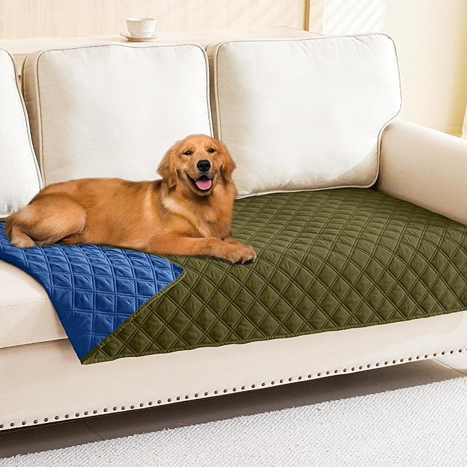 Smiry Waterproof Reversible Pet Couch Covers for Dogs | Pet Friendly, Soft Fabric, Washable Sofa Furniture Protector for Dogs Cat Kids, Checkered (30"x80", Green/Navy)