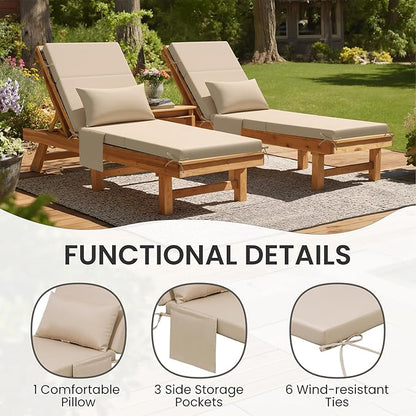 Crestlive Products Foldable Outdoor Chaise Lounge Cushions with Head Pillow and Side Pockets, Water Resistant & Fade Resistant Lounge Chair Cushion, 72" L x 21" W, Beige