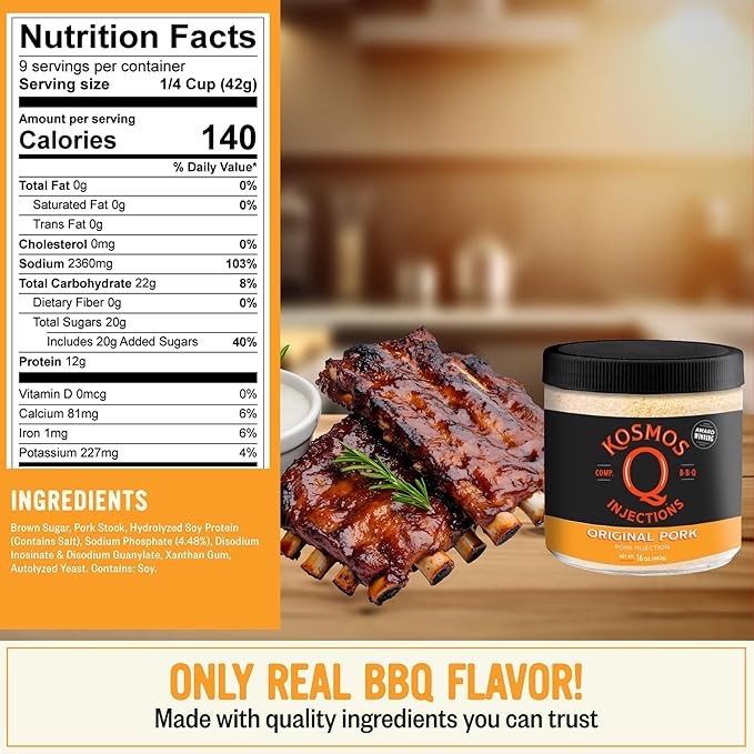 Kosmos Q Original BBQ Pork Injection, Meat Marinade for Pulled Pork, Chops, Ribs, Tenderloin & Brisket, Enhance Flavor & Juiciness, Award-Winning BBQ Seasoning for Moist & Tender Barbecue, 16 Oz Jar