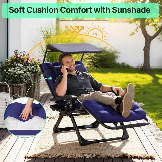 Suteck Zero Gravity Chair with Canopy, Reclining Camping Lounge Chairs | w/Removable Cushion, Upgraded Lock and Cup Holder, Folding Patio Recliner for Indoor and Outdoor，90°-170° Adjust