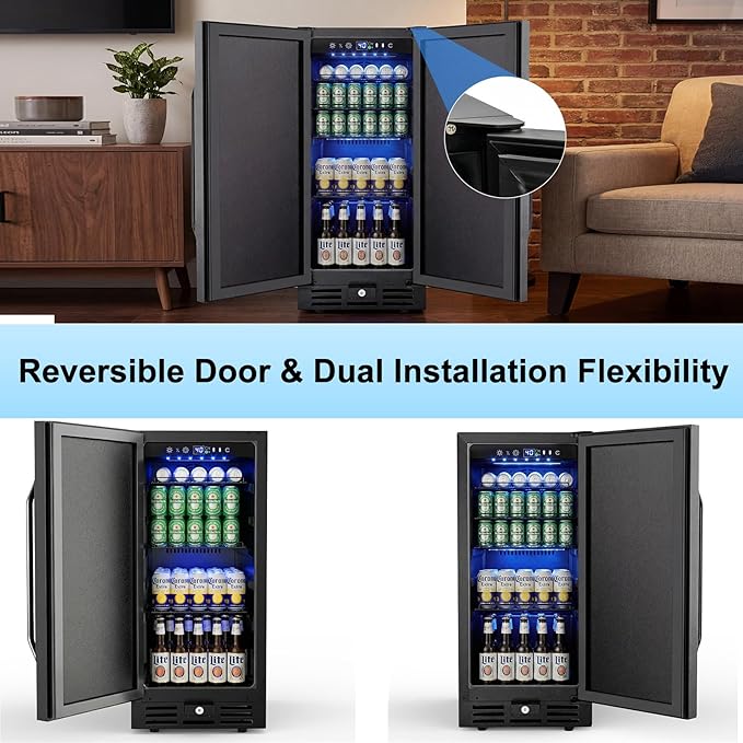 15 Inch Beverage Cooler, 127-Can Stainless Steel Drink Refrigerator with Reversible Door, Built-in or Freestanding Mini Fridge with Blue LED Light, Lock and Key for Indoor Outdoor Use, Black