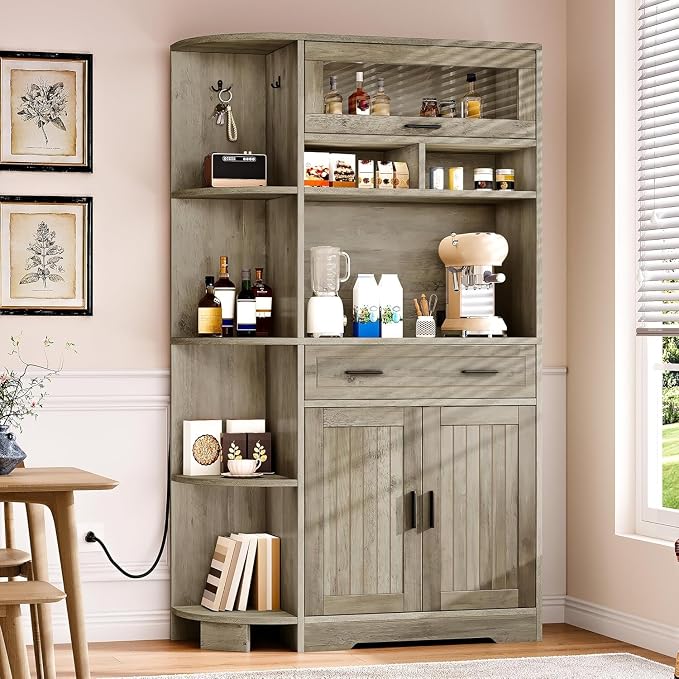 YITAHOME 67" Kitchen Hutch with Outlet, Shelves & Drawer, Antique Gray | Farmhouse Microwave Stand Buffet Coffee Bar for Living Room and Dining Room