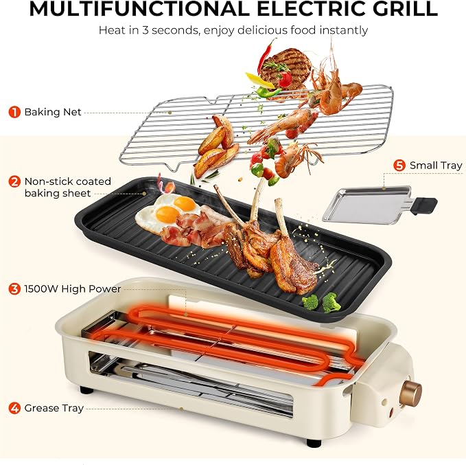 Pukomc Electric Indoor Grill,2 in 1 Indoor Grills for Kitchen | Smokeless Grill Net & Non-Stick Cooking Removable Plate,Temperature Control,Dishwasher Safe,1700W Beige
