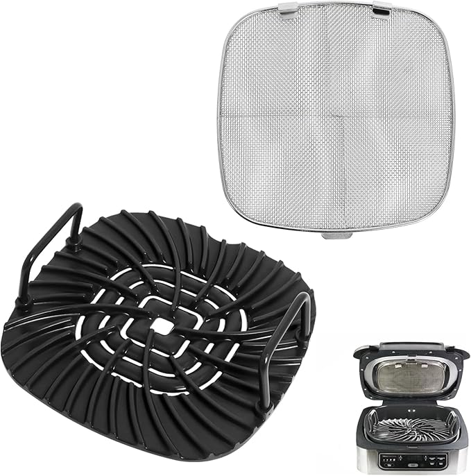 Grill Grate & Splatter Shield Compatible with Ninja Foodi AG300/AG301/AG301C/AG302/AG400 Indoor Grill – Ninja Foodi Accessories, Non‑Stick Ceramic Grill Griddle & Stainless Steel Mesh Splatter Screen