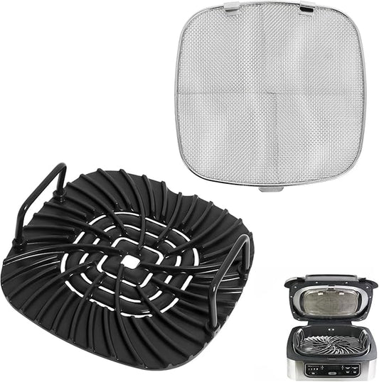 Grill Grate & Splatter Shield Compatible with Ninja Foodi AG300/AG301/AG301C/AG302/AG400 Indoor Grill – Ninja Foodi Accessories, Non‑Stick Ceramic Grill Griddle & Stainless Steel Mesh Splatter Screen