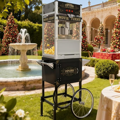 20 Oz Popcorn Machine with Cart, Vintage Movie Theater Style Pop Corn Popper with 16" Bicycle-Style Wheels & a Cabinet for Home Theater, Parties, Events, Black