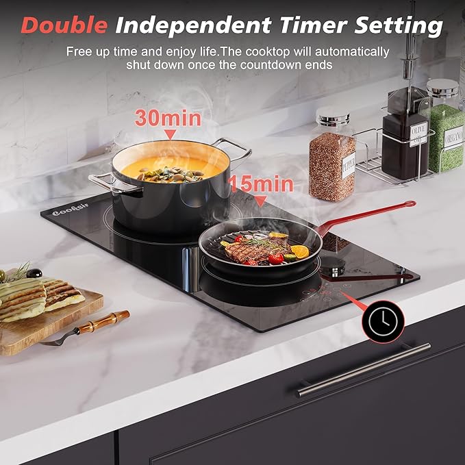 2 Burner Electric Cooktop, 12 inch Electric Stove Top 3000W, Double Burners Ceramic Cook Top with 9 Power Levels, Safety Lock, Timer, Sensor Touch Control, 220-240V Hard Wired (No Plug)