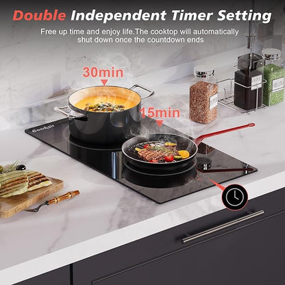 2 Burner Electric Cooktop, 12 inch Electric Stove Top 3000W, Double Burners Ceramic Cook Top with 9 Power Levels, Safety Lock, Timer, Sensor Touch Control, 220-240V Hard Wired (No Plug)