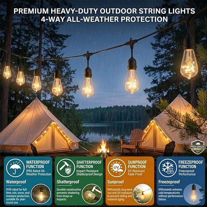 Afirst Outdoor String Lights Weatherproof Connectable LED Edison String Lights, Black Cord with Clear Plastic Bulbs, Starry Theme