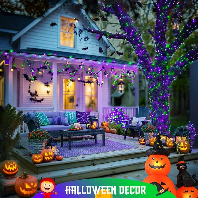 JMEXSUSS 2 Pack Solar Halloween Lights, Tot. 400LED 151FT, Purple and Green | Outdoor Waterproof, 8 Modes Solar String Lights for Outside Patio Yard Garden Tree Decorations