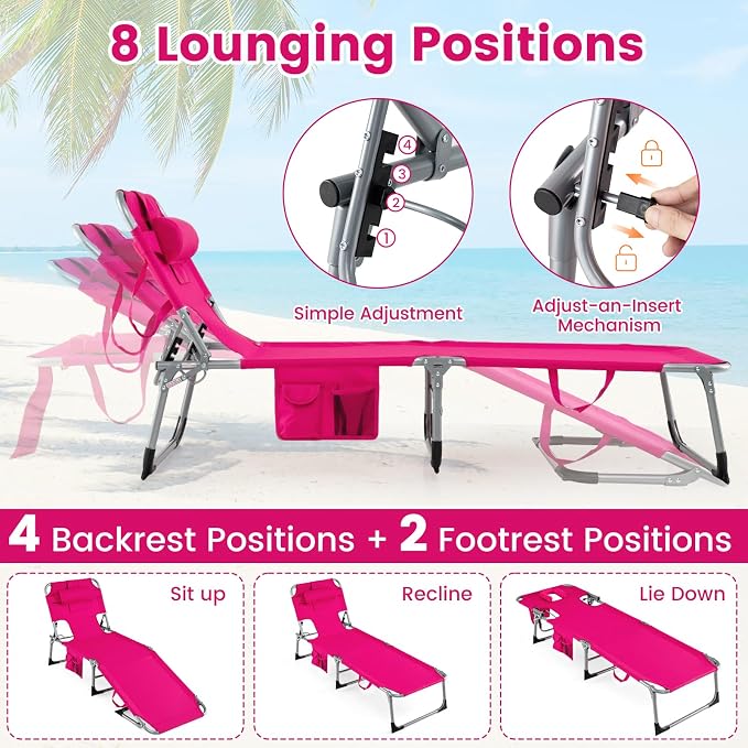 HAPPYGRILL Folding Tanning Chair with Face Hole, Outdoor Beach Sunbathing Chaise Lounge with Adjustable Backrest, Side Pocket, Pillow, Portable Recliner for Poolside Backyard