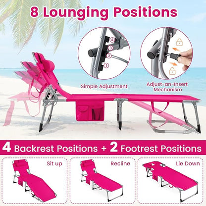 HAPPYGRILL Folding Tanning Chair with Face Hole, Outdoor Beach Sunbathing Chaise Lounge with Adjustable Backrest, Side Pocket, Pillow, Portable Recliner for Poolside Backyard