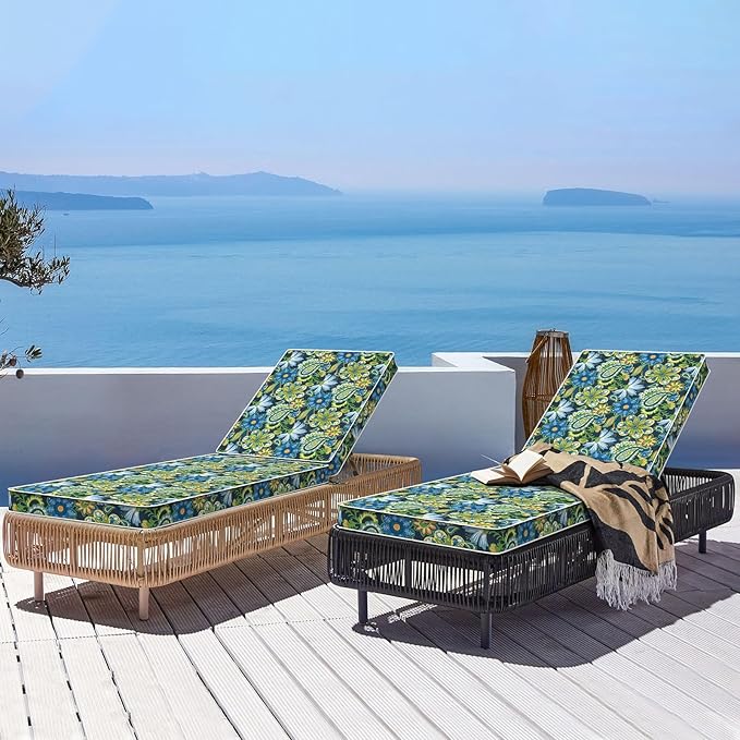 LVTXIII Outdoor Chaise Lounge Cushion 72x21x3 Inch, Water-Repellent Patio Seat Cushion with Ties & Hidden Zipper, Thick Foam Pad for Lawn Chair, Poolside, Patio Furniture, Bohemian Azure