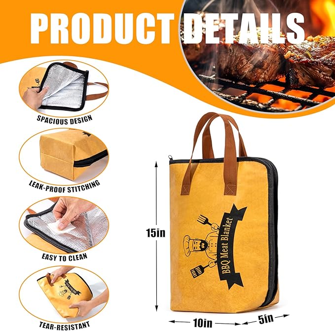 4PCS BBQ Blanket for Resting Meat, Grill Blanket with BBQ Tool Set, 15IN Reusable Smoker Meat Resting Blanket with Wide Mouth for Brisket Turkey, Ribs, Steak, Pork Shoulders