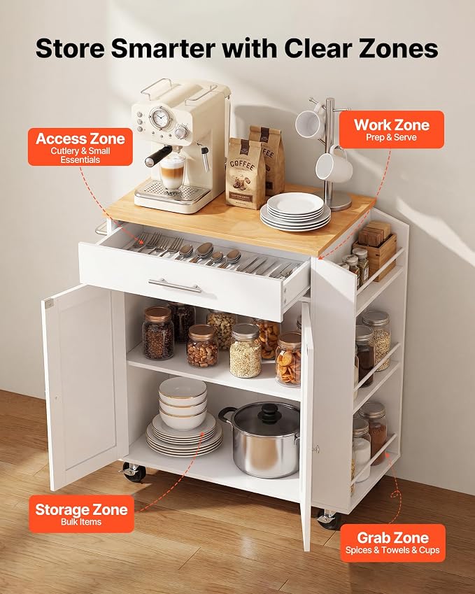 VEVOR Kitchen Island Cart with Storage, 31.3 in Wide Mobile Rolling Storage Island on Swivel Wheels, with Drawer, Storage Cabinet, Spice/Towel Rack, Table for Home Dining Room, White