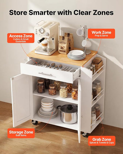 VEVOR Kitchen Island Cart with Storage, 31.3 in Wide Mobile Rolling Storage Island on Swivel Wheels, with Drawer, Storage Cabinet, Spice/Towel Rack, Table for Home Dining Room, White