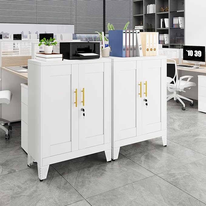 GAIOUS White Metal Pantry Cabinet with Lock(Two Units), Sideboard Buffet Storage Cabient with Doors and 2 Adjustable Shelves, Multifunctional Kitchen Cupboard for Home Office, Buffet Table