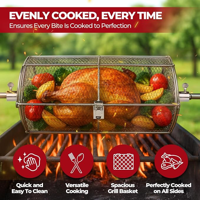 Rotisserie Basket for Outdoor Grill (15.4" x 6.8" x 6.4") - Heavy Duty Stainless Steel BBQ Basket with Reinforced Latch & Safety-Smooth Edges - Splits Apart for Easy Cleaning - Fits Most Grills