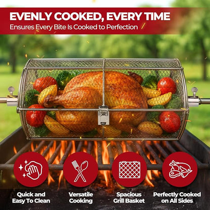 Rotisserie Basket for Outdoor Grill (15.4" x 6.8" x 6.4") - Heavy Duty Stainless Steel BBQ Basket with Reinforced Latch & Safety-Smooth Edges - Splits Apart for Easy Cleaning - Fits Most Grills