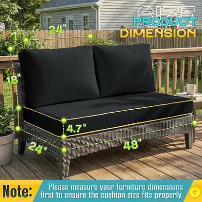 Outdoor Loveseat Cushion Set - High Back Deep Seat Patio Sofa & Back Pillows, Thick Comfort Foam 45x22 for Porch Deck Garden Furniture Replacement (Black)