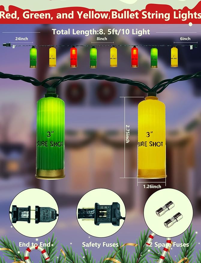 Red Green Yellow Shotgun Lights 8.5Ft, 10 LED Bullet String Lights Plug In | IP44 Waterproof & End-to-end Connectable Up to 45 Sets, Hanging Christmas Decorations for Outdoor Patio Party, Green Wire