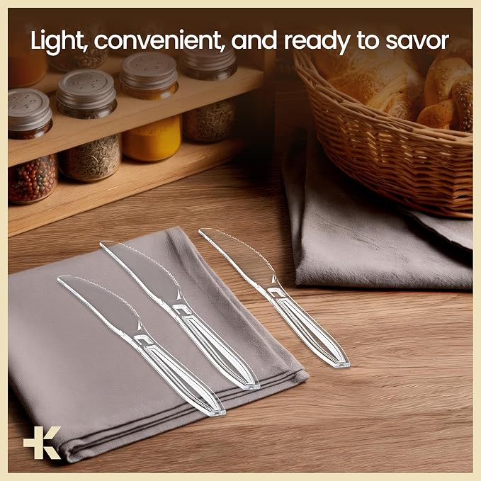 Bakken Disposable Cutlery Set 360 Pieces Knives, Heavy Duty Plastic Silverware, BPA-Free Food-Grade Materials, Heat-Resistant, Reusable Utensils for Parties, Catering, BBQs, and Everyday Use, Clear