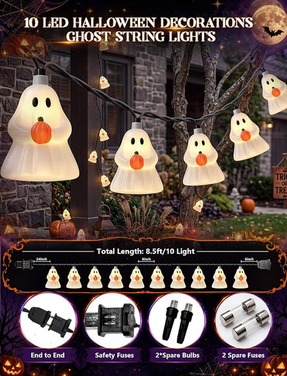 Halloween Ghost String Lights, 8.5FT 10 LED White Ghost Outdoor Patio Decor | 4.5W Warm White Glow, Plug in End to End Connectable, Waterproof & Energy-saving, UL Listed for Home Porches Gardens Windows