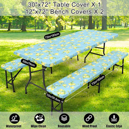 Smiry Picnic Table Cover with Bench Covers, Waterproof Elastic Fitted Tablecloth for 6 Foot Tables, Washable Polyester Tablecloths for Camping, Indoor & Outdoor (Lemon, 30x72 Inch 3-pc Set)
