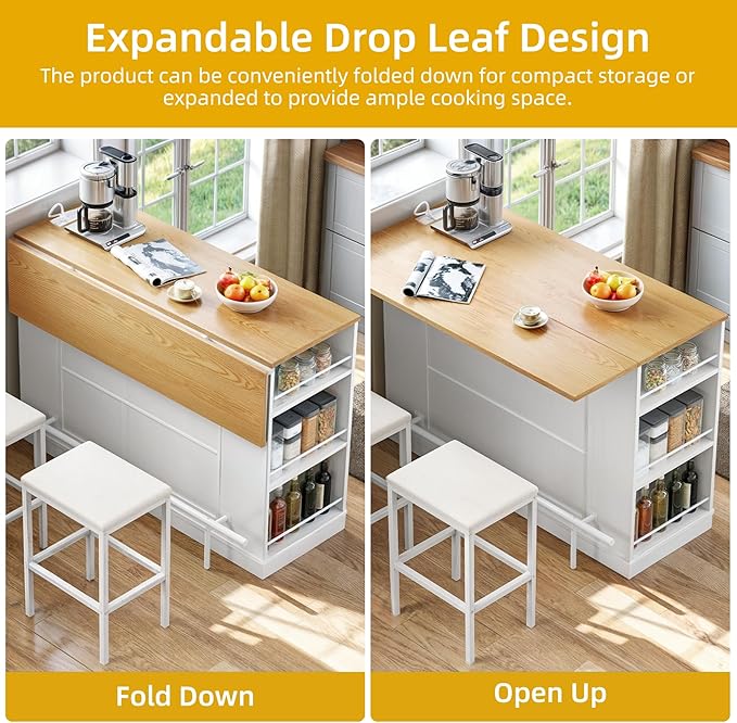 DWVO 3 PCS Kitchen Island with Drop Leaf, Mobile Storage Island with Seating, Rolling Dinning Table Set with 2 Bar Stools & Power Outlet, Bar Kitchen Cart on Wheels, Footrest & Spice Rack, White Oak