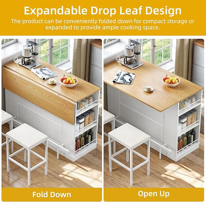 DWVO 3 PCS Kitchen Island with Drop Leaf, Mobile Storage Island with Seating, Rolling Dinning Table Set with 2 Bar Stools & Power Outlet, Bar Kitchen Cart on Wheels, Footrest & Spice Rack, White Oak