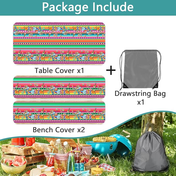 Mexican Fiesta Picnic Table Cover with Bench Covers and Bag, Camping Essentials, Cinco De Mayo Printed Table Cloth Waterproof Fitted Tablecloth Cover with Elastic Edge for Outdoor 3 PCS 30x60 Inch