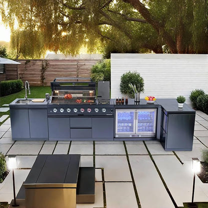 157" 6-Burner 96000 BTU Propane Gas Outdoor Kitchen Island - Stainless Steel Grill with Wine Cooler, Rotisserie, Granite Countertops, Storage Cabinets & Drawers,Black