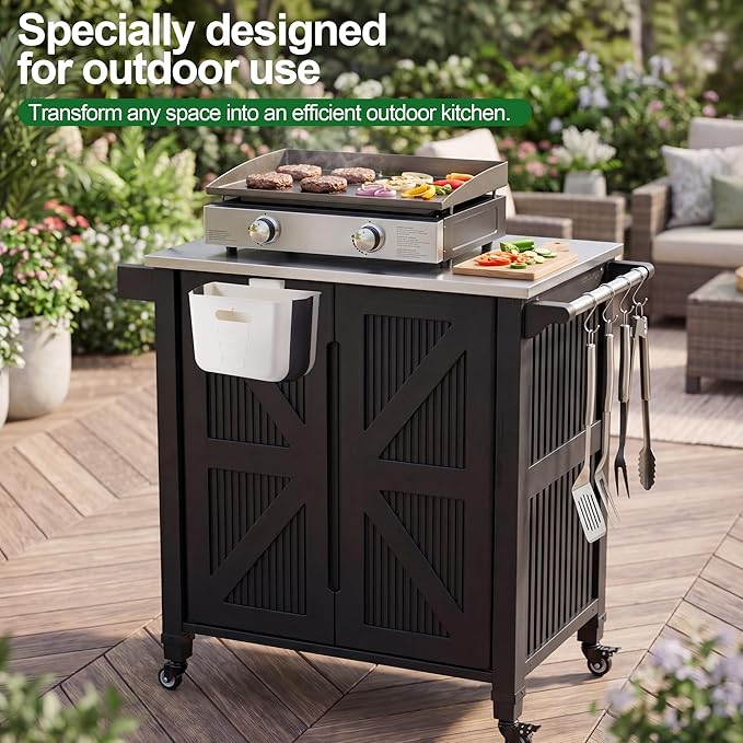 Nice C Grill Cart with Wheel, Outdoor Kitchen Island, Outdoor Grill Station Bar Cart with Stainless Steel Tabletop, Dining Cart Table Storage Cabinet, Grill Table for BBQ Food Prep