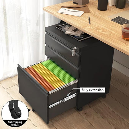Approgreent 3 Drawer File Cabinet for Home Office, Under Desk Mobile Filing Cabinet with Lock for A4-Size/Letter-Size/Legal-Size, Black (HSEJ-3D)