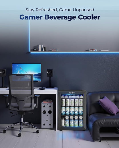 EUHOMY 100 Can Beverage Refrigerator cooler-Mini Fridge Glass Door for Beer Drinks Wines, Freestanding Beverage Fridge with Adjustable Shelves Blue LED for Home/Office/Dorm/Bar, 2.7 cu.ft