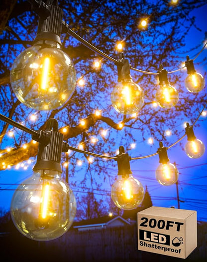 Zuske Outdoor String Lights, 200FT Patio Lights with 100 Shatterproof G40 Globe Bulbs(4 Spare), Waterproof Connectable Dimmable LED Hanging Lights for Outside Backyard Porch Balcony Gazebo (100FT x 2)