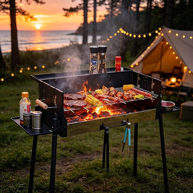 Foldable Charcoal Grill with 3 Gear Adjustable Temperature, Windproof Camping BBQ Grill with Foldable Storage Shelves, Heavy Duty Portable Charcoal Grills for Backyard Tailgating 5-16 People