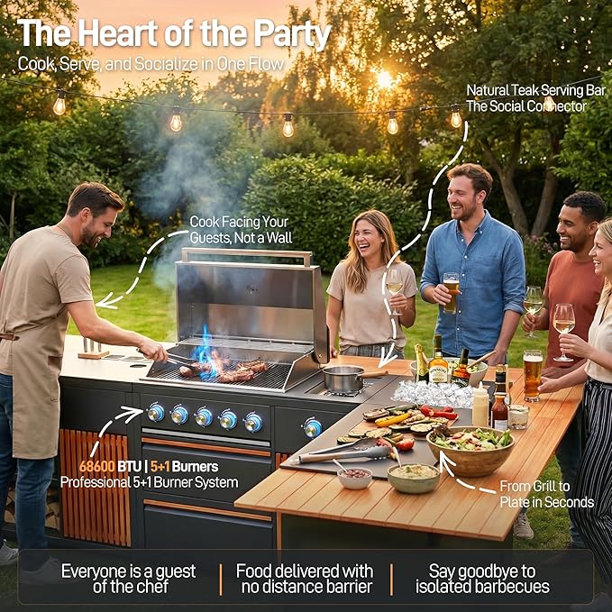 Outdoor Kitchen Island with Natural Teak and Powder Coated Stainless Steel Cabinet, LP Grill, Sink, Fridge, Movable BBQ Station Set for Backyard, Patio, Garden, Deck, Terrace (Grey, 4 SET)