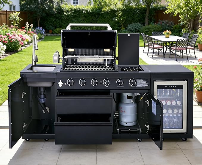 85" Outdoor Kitchen Island with Grill and Side Burner, 4-Burner 71,500 BTU Propane BBQ Island, Refrigerator, Sink & Rotisserie, for Backyard and Patio Cooking, Black