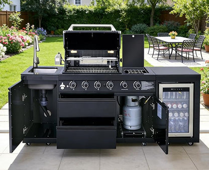 85" Outdoor Kitchen Island with Grill and Side Burner, 4-Burner 71,500 BTU Propane BBQ Island, Refrigerator, Sink & Rotisserie, for Backyard and Patio Cooking, Black
