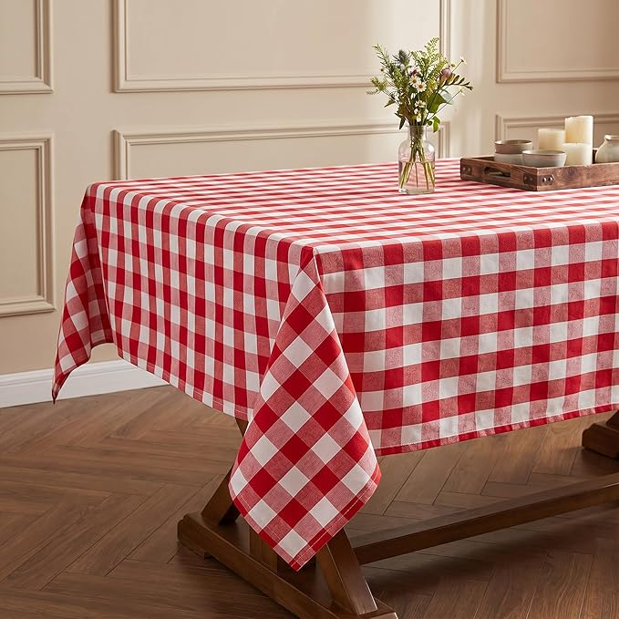 Red and White Gingham Tablecloth, Waterproof Outdoor Picnic Table Cover for Summer BBQ, Farmhouse Kitchen, Patio Dining, Reusable Machine Washable Checkered Table Cloth, W60 x L102 in