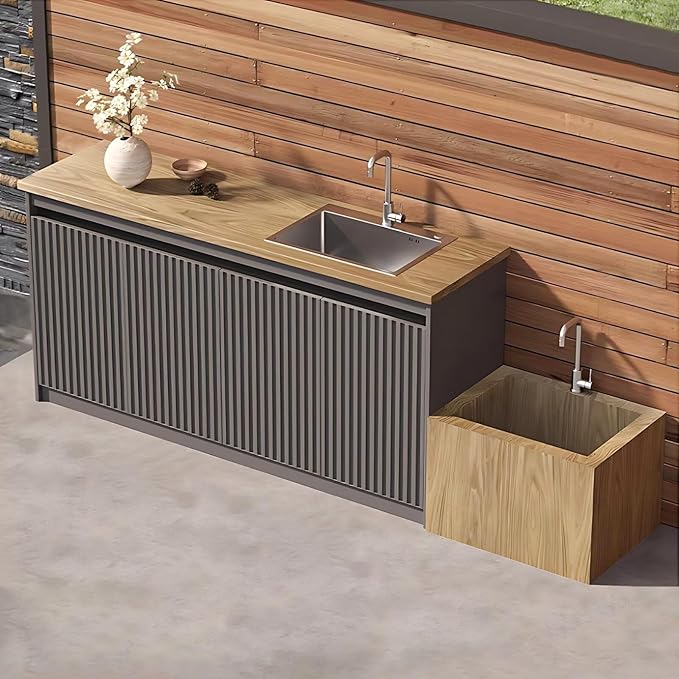 87IN Outdoor Kitchen Cabinet - Kitchen Cabinet with Countertop Includes Stripe Design & Mop Pool,Outdoor Table with Aluminum Alloy,Stainless Steel Sink and Slate Countertop,Hidden Handle