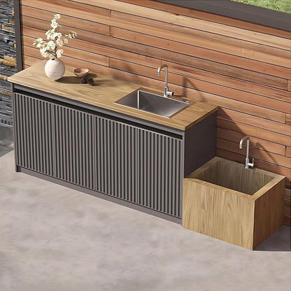 87IN Outdoor Kitchen Cabinet - Kitchen Cabinet with Countertop Includes Stripe Design & Mop Pool,Outdoor Table with Aluminum Alloy,Stainless Steel Sink and Slate Countertop,Hidden Handle