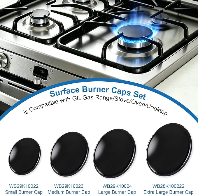 Upgraded 4PCS Surface Burner Caps Set Fits for GE&Hotpoint&Haier 30" Gas Range/Cooktop,WB29K10022-1 Small Cap WB29K10023-1 Medium Cap WB29K10024-1 Large Cap WB28K10222-1 XLarge Cap,Shiny Black Surface