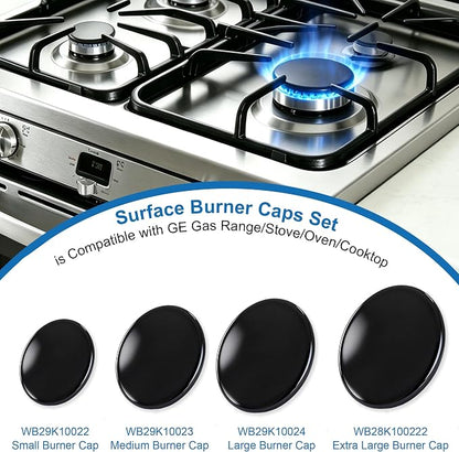 Upgraded 4PCS Surface Burner Caps Set Fits for GE&Hotpoint&Haier 30" Gas Range/Cooktop,WB29K10022-1 Small Cap WB29K10023-1 Medium Cap WB29K10024-1 Large Cap WB28K10222-1 XLarge Cap,Shiny Black Surface